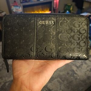 GUESS Black Embossed Logo Zip Wallet with Gold Logo